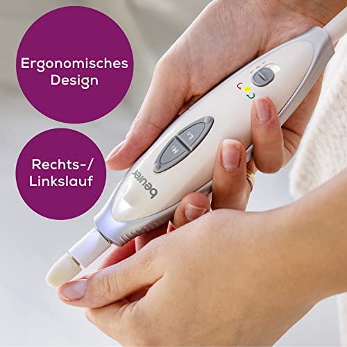 Beurer MP 41 Maniküre-/ Pediküreset, elektrische Nagelfeile mit 7 Aufsätzen, helles LED Licht, Nagelfräser für gepflegte Nägel, mit Aufbewahrungstasche, Nagelpflege für Hände und Füße, Weiß