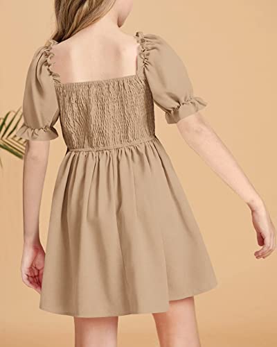 Girls Summer Chiffon Ruffle Mini Dress Square Neck Lantern Short Sleeve Solid A line Dress3