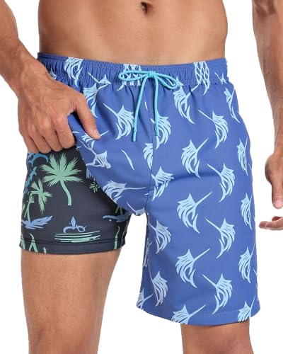 Image of Mens Swim Trunks with Compression Liner 2 in 1 Quick Dry Swimming Shorts Swimwear Bathing Suits with Pockets