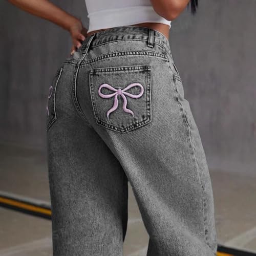 Ladies Bow Embroidered Jeans Sweet and Spicy High Waist Straight Loose Trousers with Pockets 20253
