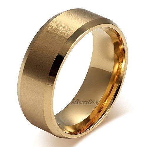 Image of Moneekar Jewels 18K Stainless Steel And Gold Plated Bevelled High Polish Edge Ring for Men (Gold)