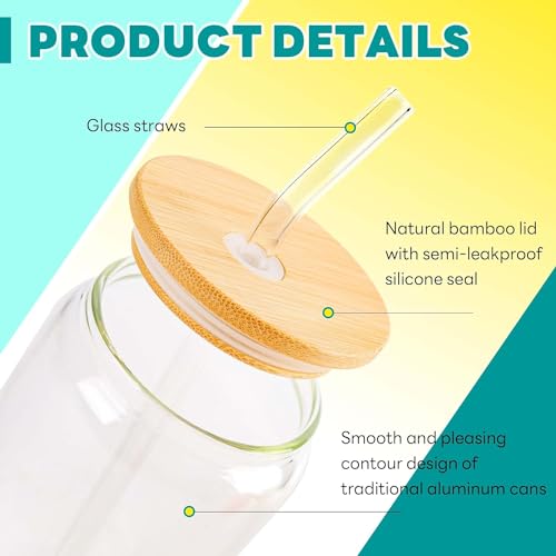 Image of WEZOSHINET 1 Pcs Glass Cups with Bamboo Lids and Straws, 20oz Can Shaped Drinking Beer Glasses, Iced Coffee Cups, Cute Tumbler with Straw Cleaning Brushes, Ideal for Bubble Tea, Smoothie, Juice