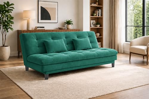 Image of 3-Seater Velvet Sofa Cum Bed, Tufted Convertible Sleeper Couch, Space-Saving Design, Comfortable Cushioned Seating - Green