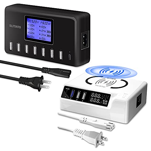 USB Charger, slitinto 60W 12A 8-Port USB Charging Station + USB Charger, slitinto 65W 12A 4-Port USB Charging Station 20W PD Charger and QC3.0 Multi Port USB C Charger Hub with Wireless Charging Adjus