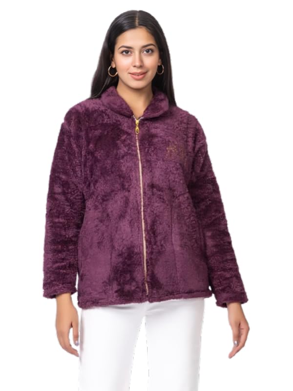 Plush Faux Fur Zip-Up Jacket, Full Sleeve, Winter Wear For Women, Wine-image-11