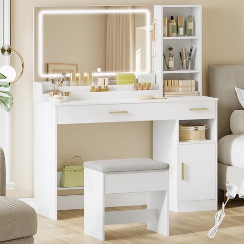 HEXCELEN Tocador con Taburete, Tocador de Maquillaje con Espejo y Luces LED con Brillo Ajustable, Mesa de Maquillaje, 2 Cajones, 4 Compartimentos y 1 Armario, 40 x 108 x 141 cm Blanco