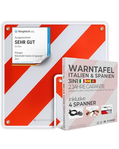 PLANGER® - Warntafel Italien und Spanien u Portugal 3in1 (50 x 50 cm) (Schild + Gepäckspanner) - Reflektierendes Warnschild rot weiß für Heckträger u Fahrradträger PLANGER® - Warntafel Italien und Spanien u Portugal 3in1 (50 x 50 cm) (Schild + Gepäckspanner) - Reflektierendes Warnschild rot weiß für Heckträger u Fahrradträger
