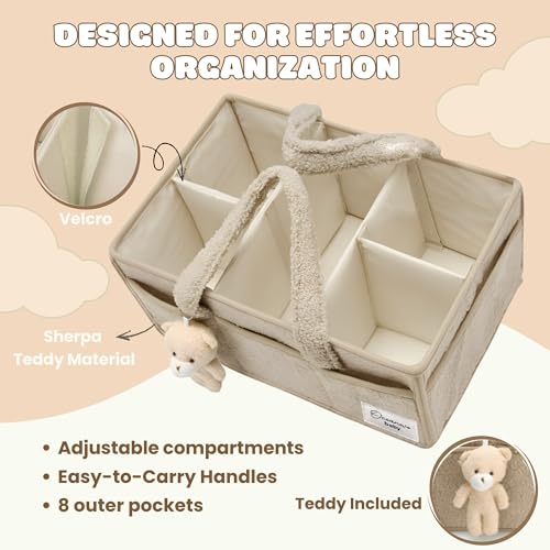 Image of OCEANEVO Cute Fur Diaper Caddy Organizer Bag WITH Luggage Tag AND Bear Charm, Baby Basket Essentials for Newborn Baby Products Storage with Compartments and Handle - 38 x 25 x 18 cm - Model 3 - Beige