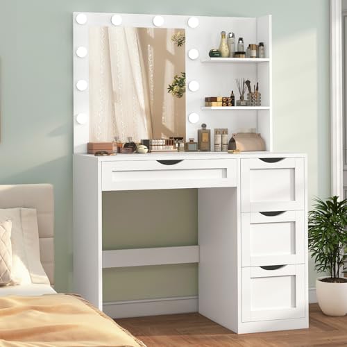 usikey Makeup Vanity Desk with Mirror and 10 LED Lights, Makeup Vanity Table with 4 Drawers, Vanity Desk Dressing Table with 2 Storage Shelves, 3 Color Modes Adjustable Brightness for Bedroom,White - Thumbnail 2