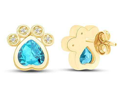 Paw Print Earrings for Women, 14K Gold Over Sterling Silver with Heart Cut Simulated Birthstone & Round White Cubic Zirconia, Push Back Studs, Pet Lover Jewelry Gift3