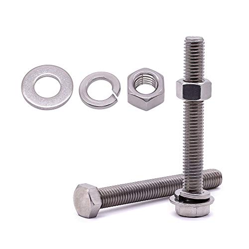 Image of (4 Sets) M10-1.5 x 80mm Hex Bolt Kit, 304 Stainless Steel (18-8), Includes Hexagon Head Screws and Nuts, Flat & Lock Washers, Full Coarse Thread, for Machinery, Automotive, DIY