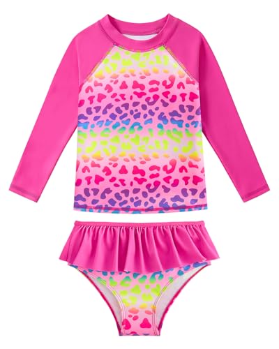 Traje de baño para niña de dos piezas con protección UV, ropa de baño para niños con mangas largas, estampado de tela, traje de baño con protección UV, camiseta UV para niñas de 4 a 10 años, 7-8 años