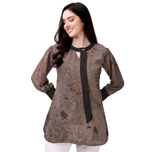 Image of Gufrina Women's Georgette Apple Cut Short Kurti with Long Puff Sleeves Western Style Keyhole Neck Solid Pattern Regular Fit and Mid Thigh Length