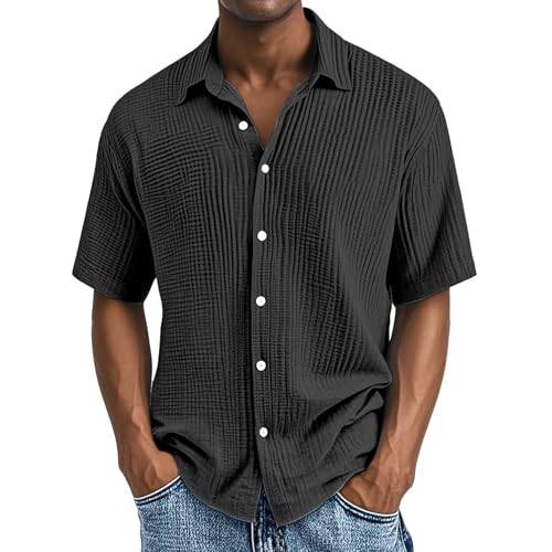 Mens Summer Textured Shirts Casual Button Down Lapel Short Sleeve Tops Fashion Vacation Holiday Beach Boho Streetwear