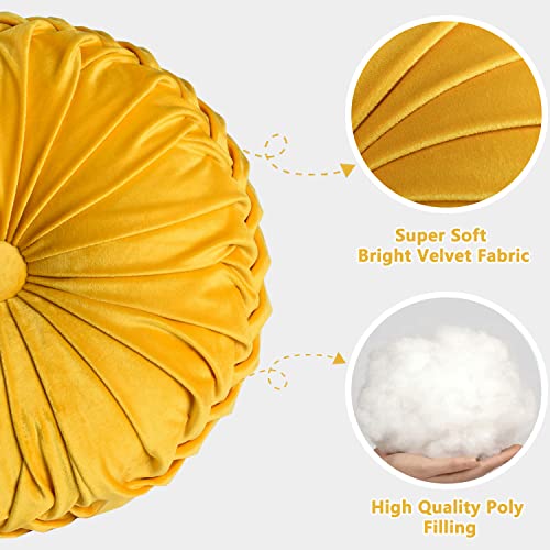 Image of HIG Set of 2 Decorative Round Pleated Throw Pillows, Classy Accent Pumpkin Throw Pillows with Center Button, Vintage Velvet Floor Pillow for Sofa Couch Vanity Chair Bed, Yellow, 14.5 inch Diameter(RIPPLE)