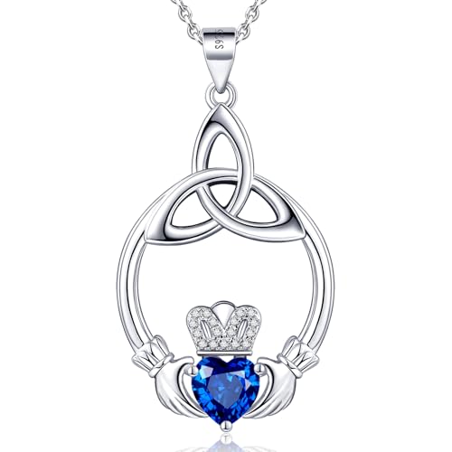 Gift Birthstone Necklaces for Women 925 Sterling Silver Irish Claddagh Necklace for Women Heart Birthstone Pendant Necklace Anniversary Birthday Gifts for Wife Lady Cable Chain 18