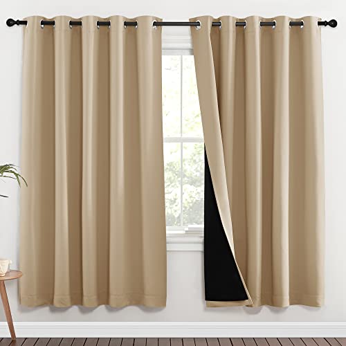 Image of NICETOWN Living Room Completely Shaded Draperies, Privacy Protection & Noise Reducing Ring Top Drapes, Black Lined Insulated Window Treatment Curtain Panels(Biscotti Beige, 2 Pieces, W70 x L72)