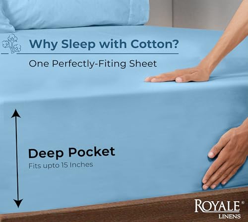 Image of Royale Linens 100% Organic Cotton Fitted Sheet - Percale Weave - Super Soft Deep Pocket Bottom Sheets - Lake Blue Elastic Sheet Twin Size - Twin Fitted Sheets Only - (39 inchx75 inch+15 inch, Lake Blue)