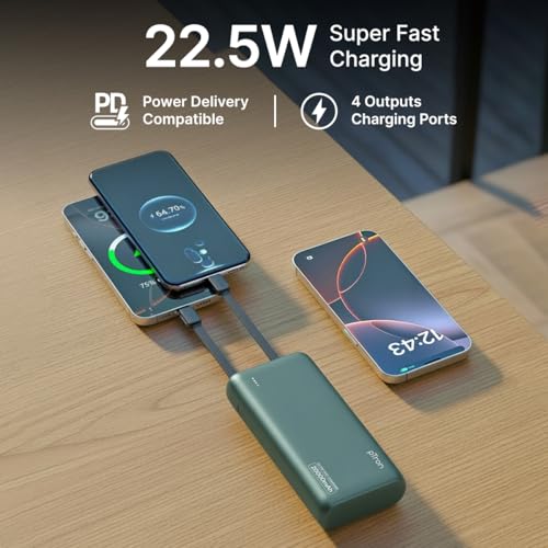 Image of pTron 20000mAh Powerbank w / 22.5W Fast Charging, USB & Type C Output, Built-in Cables, Compatible w /Power Delivery, Quick Charge for iPhone, Android Mobile & Tablets, Dynamo Storm (Pine Green)