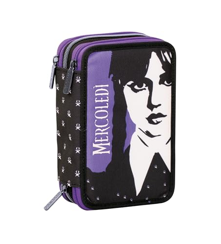 Seven Astuccio 3 Scomparti, MERCOLEDÌ, Viola, Triplo Scomparto, Completo di Matite, Pennarelli, Colori, Accessori Zaino, Elementari, Medie