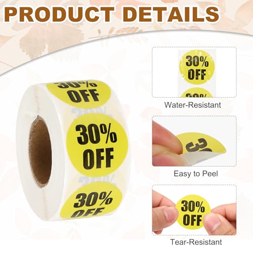 Etiquetas de precio de 30% de descuento PATIKIL amarillas autoadhesivas para tiendas, 1000 uds. 3