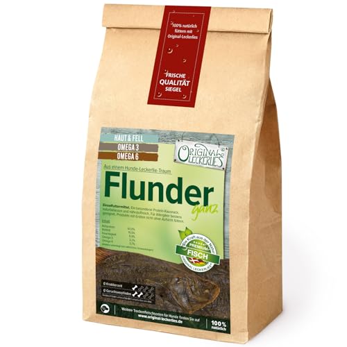ORIGINAL LECKERLIES 10 Flundern ca. 400g Kauartikel, ganzer Fisch (20-30 cm) getrocknet, Fisch für grätenerfahrene Hunde, Kausnack ohne Zusätze, Naturprodukt für Hunde, barfen