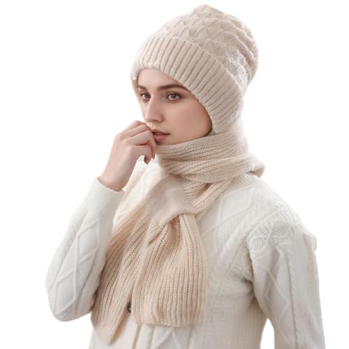 KAOBIO Gorro feminino de inverno, cachecol, peça única, forro de lã, malha quente, proteção de orelh