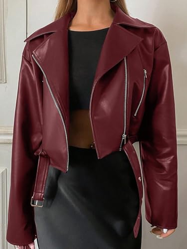 Chic Burgundy Faux Leather Motorcycle Jacket – Loose Fit, Perfect for Every Occasion! - Image 6