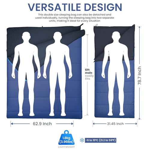 Image of HACER Dual Couple Sleeping Bag for Adults | -15C to +6C Winter Double Sleeping Bags | 4 in 1 Rectangular Soft Nylon Lining 2 Person Camping Bed for Trekking & Hiking (Blue, Upto 6ft, 1.8kg)