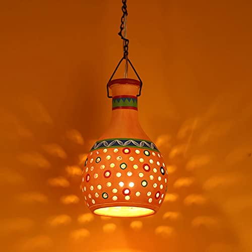 Image of AAKRITI ART CREATIONS Tangerine Gourd Handcrafted Hand-Painted Terracotta Pendant Lamp for Living Room Ceiling | Hanging Lights for Living Room | Pendant Lights for Ceiling | Home Decoration Items