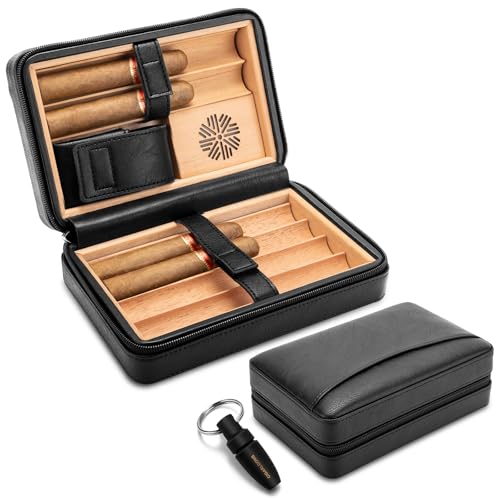 CLZOONG Boîte à cigares de Voyage avec poinçon, étui à cigares en Cuir doublé de Bois de cèdre pour 6 cigares, humidificateur Portable intégré pour Les Amateurs de cigares (Noir)