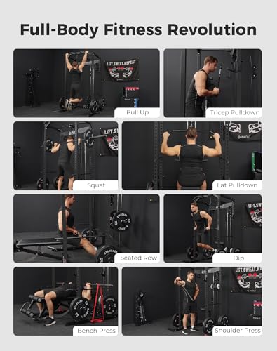 Image of Mikolo F4 2.0 Power Cage with Dual-Track Smooth Pulley System, 1200LBS Power Rack with Leg Hold-Down for Heavy LAT Pulldowns (Black, F4 2.0 Package)