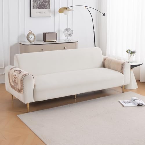 Image of HOKIPO Noor Beige Premium Chenille Jacquard Sofa Armrest Cover - 1 Pair | 'Royal Aangan Series' (IN-1006-L4*2)