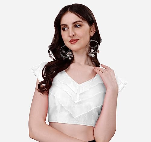 Image of Pujia Mills Women's V Neck Orgenza Three Layer Ruffle Sleeve Frill Readymade Saree Blouse