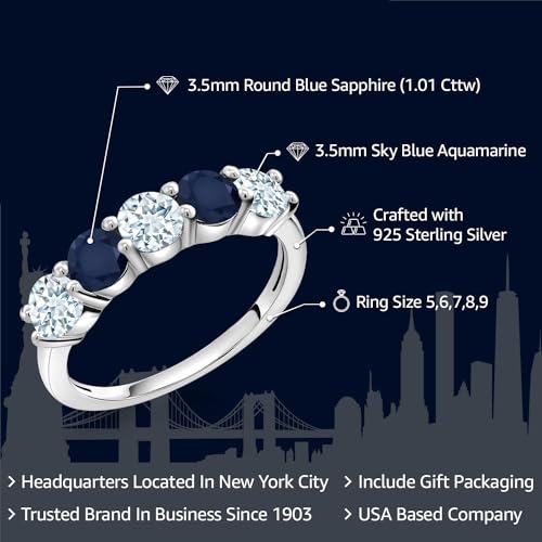 Gem Stone King 1.01 Cttw Sky Blue Aquamarine and Blue Sapphire Wedding Band Ring For Women | 925 Sterling Silver | Round 3.5MM | Gemstone Birthstone | Available In Size 5-92