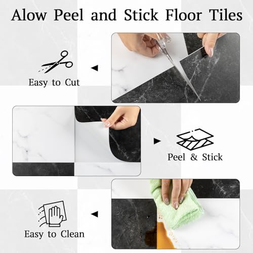 Alow Peel and Stick Floor Tiles: 16 Pack 11.8”X11.8” Vinyl Flooring Waterproof for Bathroom, Black and White Square Adhesive Stickers Easy to Install No Tools Need by Alow - Used condition - Image 2