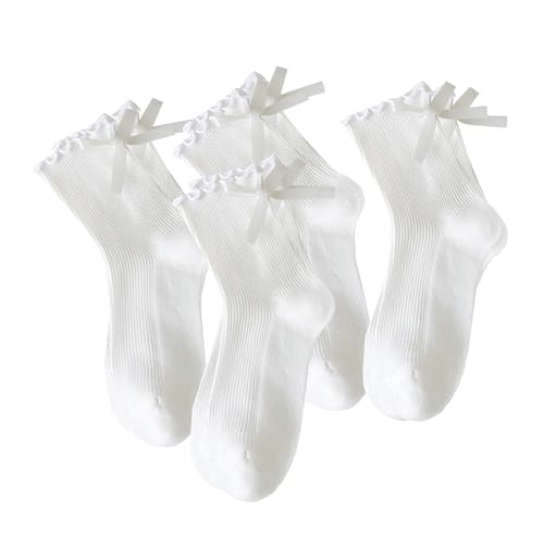 Image of Womens Bow Socks Ruffle Casual Crew Black Whitte Soft Breathable Cotton 4 Pairs Socks