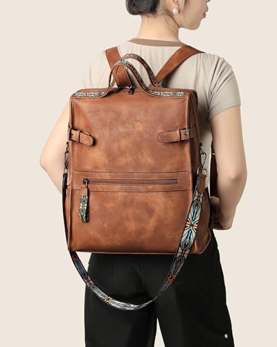 FADEON Leather Laptop Backpack for Women, Designer Ladies Work Travel Computer Backpack with Laptop Compartment Purse Brown4