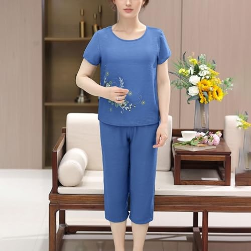 Image of FindThy Women's 2 Piece Linen Outfits Short Sleeve Floral Print Lounge Sets Crewneck Summer Suits