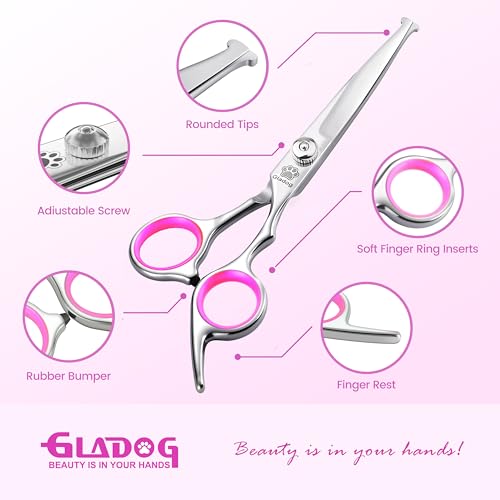 Image of GLADOG Professional 5 in 1 Dog & Cat Grooming Scissors Set with Safety Round Tips, Sharp and Heavy-duty Pet Grooming Shears for Cats (Red)
