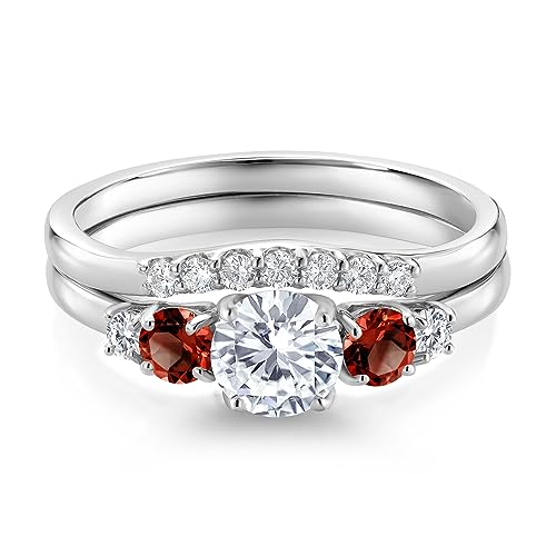 Gem Stone King 10K White Gold White Lab Grown Diamond and Red Garnet 5 Stone Bridal Engagement Wedding Ring Set For Women (0.91 Cttw, Round: 5MM and 3MM, Available in Size 5,6,7,8,9)3