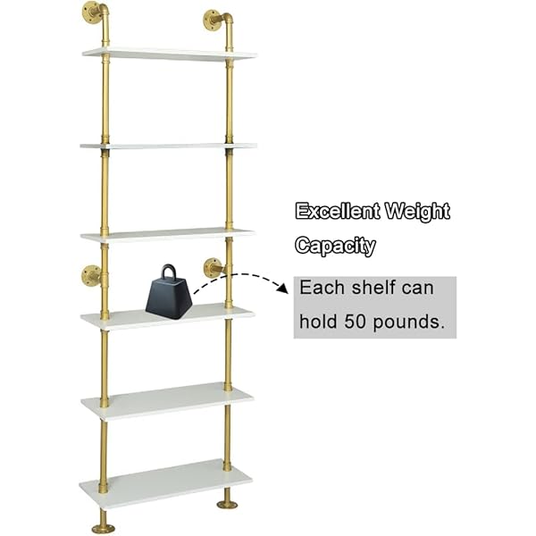 Industrial gold bookshelf 6 tier wall mounted ladder bookshelf rustic gold storage book shelves display bookcases for living roomhomeoffice  urban country home decor
