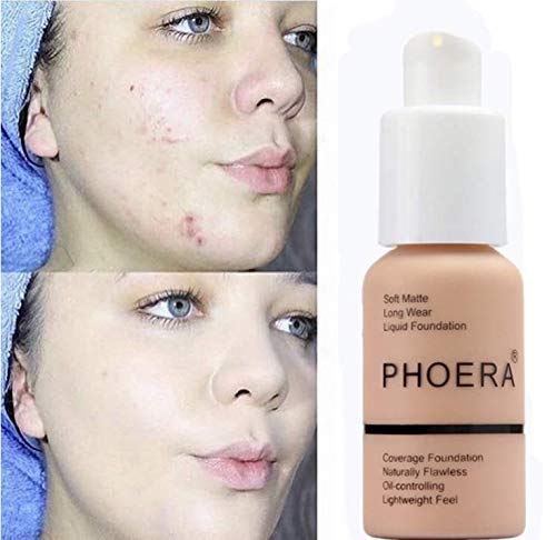 Foundation Makeup, PHOERA New 30ml Matte Oil Control Concealer Foundation Cream, Long Lasting Waterproof Matte Liquid Foundation (103 Warm peach)