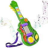 Dinosaur Kids Guitar 2-in-1 Musical Instruments for 3 4 5 Year Old Boys Girls Gifts, Toddler Electric Guitar Piano Toy with Strap & Dino Design (Green)
