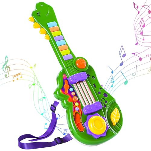 Dinosaur Kids Guitar 2-in-1 Musical Instruments for 3 4 5 Year Old Boys Girls Gifts, Toddler Electric Guitar Piano Toy with Strap & Dino Design (Green)