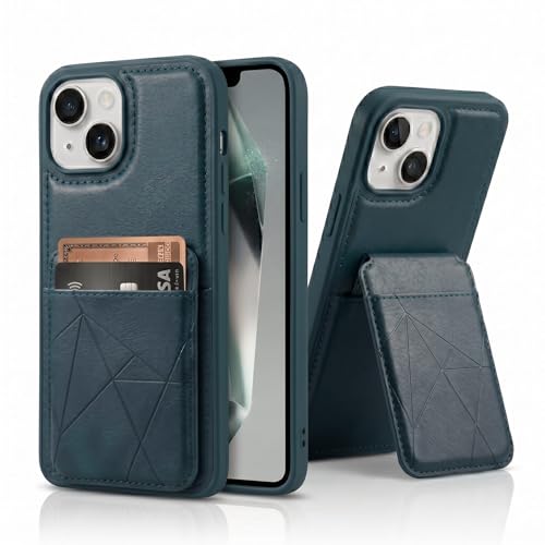 Image of amazon basics Premium Vegan Leather Back Cover with Card Holder and Integrated Mobile Stand for iPhone 15 - Slim Shockproof Wallet Case with Geometric Stitching [Blue]