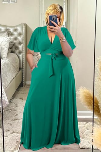 Image of Plus Size Women's 2 Piece Outfits Casual Short Ruffle Sleeve Wrap Crop Top Maxi Long Dress Flowy Matching Sets