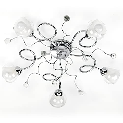 Plafoniera 5 luci in Metallo Cromato Lucido con Sfere di Cristallo. Vetri Bianchi e Trasparenti Cromo