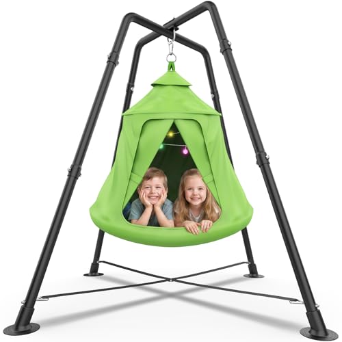 Swing Set with Tent Swing X-Shaped Swing Frame with Sensory Swing Metal 32mm Diameter Swing Stand with Tent Swing 330 lbs Capacity w/Rainbow Lights String Indoor/Outdoor Use (Green)