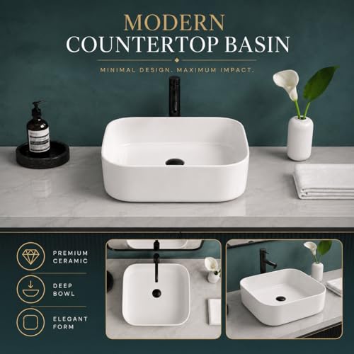Image of QUALITO White Table Top Wash Basin for Bathroom, Living Room, Hall, Dinning Room | Countertop /Over Counter Ceramic Vessel Sink /Basin | Glossy Finish Table Top Wash Basin (White, 16x16x5 Inch)